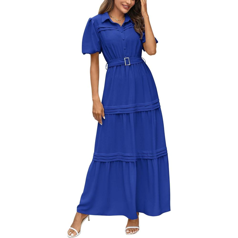 imagePRETTYGARDEN Womens Summer Maxi Dress Puff Short Sleeve Lapel V Neck Tiered A Line Flowy Elegant Party Dresses with Belt