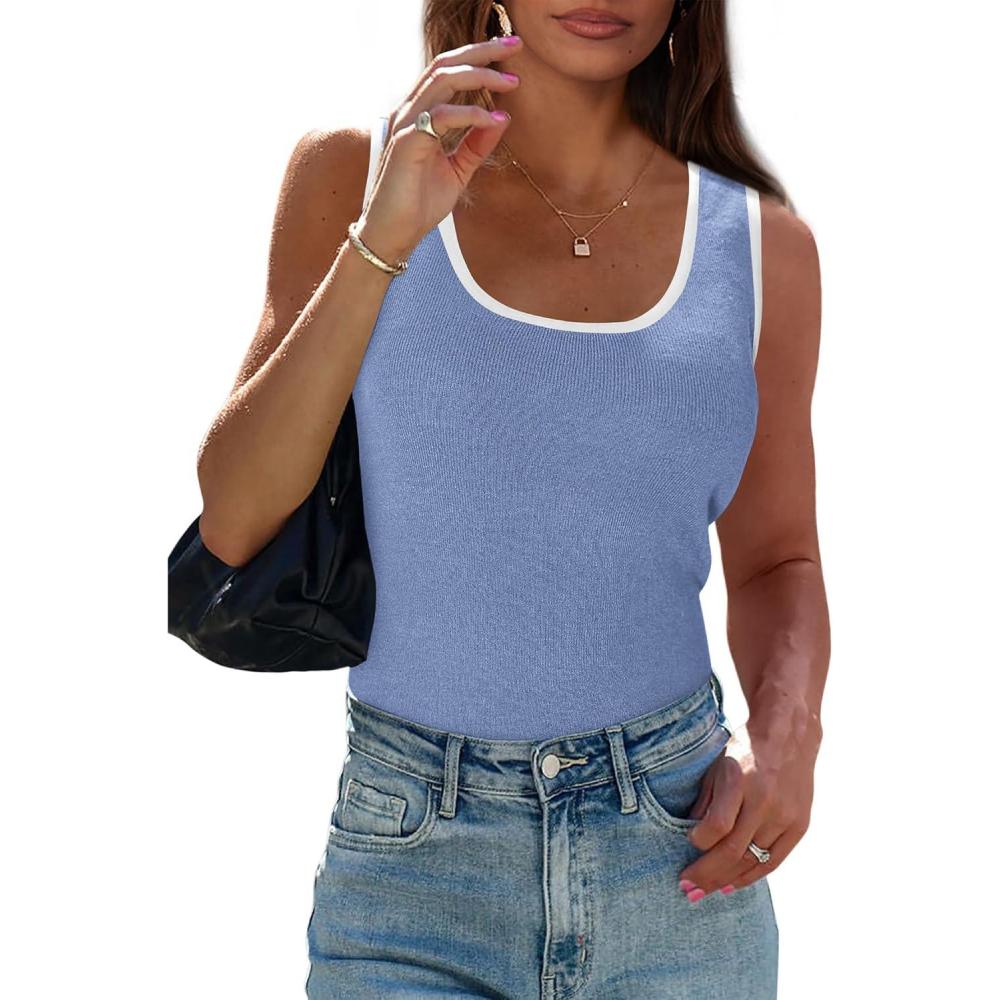 imagePRETTYGARDEN Womens Summer Tank Top Ribbed Knit Scoop Neck Sleeveless Color Block Slim Fitted Tops Basic Casual Tee Shirts