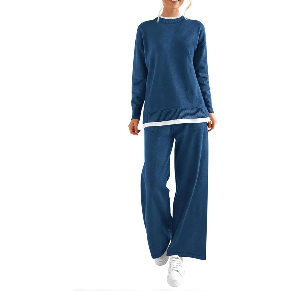 imagePRETTYGARDEN Womens Winter Two Piece Matching Sweater Lounge Sets Knit Long Sleeve Pullover Tops Wide Leg Pants Tracksuits Grey BlueMedium