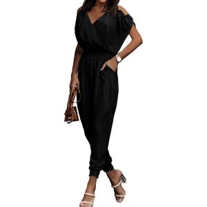 PRETTYGARDEN Jumpsuit for Women Casual Wrap V Neck Cold Shoulder One Piece Outfits Pants Romper (Black,Large)