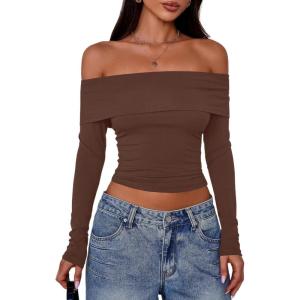 PRETTYGARDEN Off The Shoulder Tops for Women 2025 Long Sleeve Shirts Trendy Going Out Crop Top Spring Fashion Clothes(Coffee)