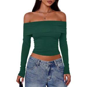 PRETTYGARDEN Off The Shoulder Tops for Women 2025 Long Sleeve Shirts Trendy Going Out Crop Top Spring Fashion Clothes(Dark Green)
