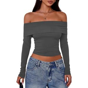 PRETTYGARDEN Off The Shoulder Tops for Women 2025 Long Sleeve Shirts Trendy Going Out Crop Top Spring Fashion Clothes(Dark Grey)