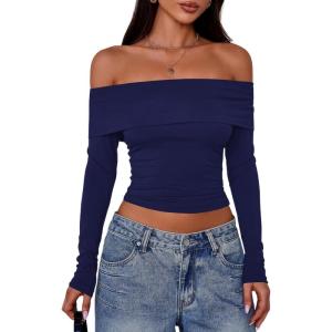 PRETTYGARDEN Off The Shoulder Tops for Women 2025 Long Sleeve Shirts Trendy Going Out Crop Top Spring Fashion Clothes(Navy)