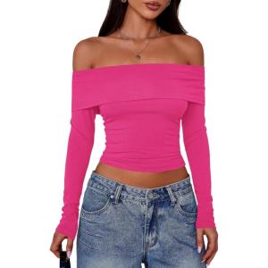 PRETTYGARDEN Off The Shoulder Tops for Women 2025 Long Sleeve Shirts Trendy Going Out Crop Top Spring Fashion Clothes(Rose Red)