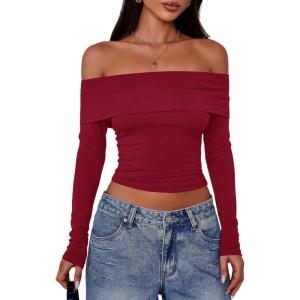 PRETTYGARDEN Off The Shoulder Tops for Women 2025 Long Sleeve Shirts Trendy Going Out Crop Top Spring Fashion Clothes(Wine Red)