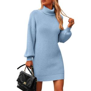 PRETTYGARDEN Sweater Dress for Women Long Puff Sleeve Turtleneck Ribbed Knit Oversized Pullover Winter Short Dress