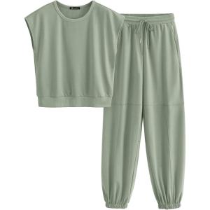 PRETTYGARDEN Two Piece Loungewear Outfits Cap Sleeve T Shirt Jogger Sweatpants Sweatsuit Set with Pockets (Light Green,Large)