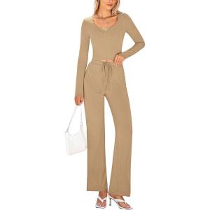 PRETTYGARDEN Two Piece Sets For Women Long Sleeve V Neck Crop Tops Flare Pants Lounge Set Casual Outfits (Khaki,Medium)