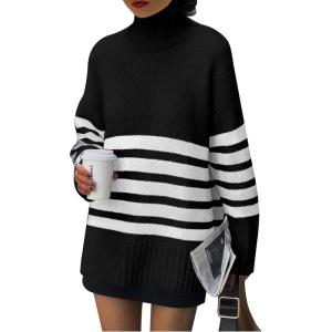 PRETTYGARDEN Women Oversized Striped Turtleneck Sweater 2025 Fall Fashion Long Sleeve Pullover Winter Chunky Knit Jumper Tops(Black)