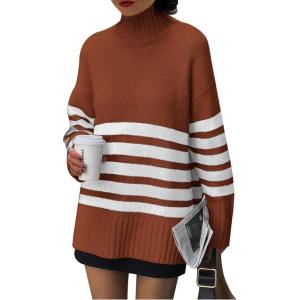 PRETTYGARDEN Women Oversized Striped Turtleneck Sweater 2025 Fall Fashion Long Sleeve Pullover Winter Chunky Knit Jumper Tops(Rust Red)