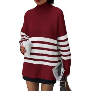 PRETTYGARDEN Women Oversized Striped Turtleneck Sweater 2025 Fall Fashion Long Sleeve Pullover Winter Chunky Knit Jumper Tops(Wine Red)