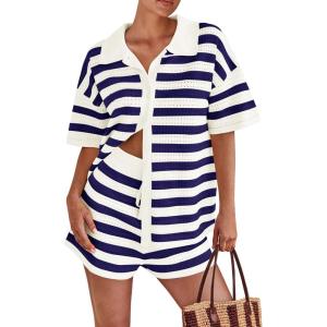 PRETTYGARDEN Women’s 2 Piece Shorts Sets Casual Summer 2025 Short Sleeve Striped Sweater Set Matching Beach Vacation Outfit(Blue)