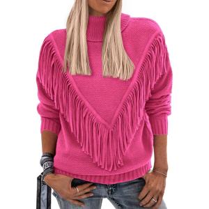 PRETTYGARDEN Women’s 2024 Fall Knit Pullover Sweaters Long Sleeve Turtleneck Fringe Jumper Tops Blouse(Rose Red)