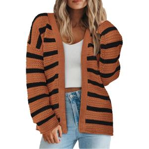 PRETTYGARDEN Women’s 2024 Fall Striped Open Front Cardigan Sweaters Chunky Knit Long Sleeve Loose Trendy Winter Cardigans(Striped Brown Black)