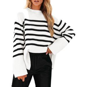 PRETTYGARDEN Women’s 2024 Fall Striped Sweater Oversized Long Sleeve Crew Neck Side Slit Casual Trendy Knit Pullover Sweaters
