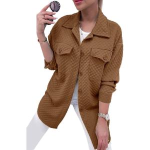 PRETTYGARDEN Women’s 2024 Winter Jackets Lapel Coat Outerwear Casual Long Sleeve Button Down Blouse Shirts Tops (Dark Khaki,Large)