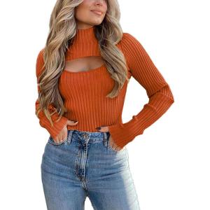 PRETTYGARDEN Women’s 2025 Fashion Fall Clothes 2 Piece Cutout Tops Long Sleeve Mock Neck Rib Knit Winter Pullover Sweater(Rust Red)