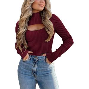 PRETTYGARDEN Women’s 2025 Fashion Fall Clothes 2 Piece Cutout Tops Long Sleeve Mock Neck Rib Knit Winter Pullover Sweater(Wine Red)