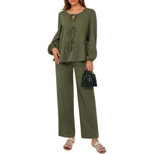 PRETTYGARDEN Womens 2025 Two Piece Outfits Tie Front Long Sleeve Top Wide Leg Pant Lounge Sets Cute Matching Loungewear(Dark Green)