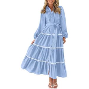 PRETTYGARDEN Womens Casual Dresses Loose Belted Long Lantern Sleeve Tiered Button Down Maxi Shirt Dress with Pockets (Light Blue,Medium)
