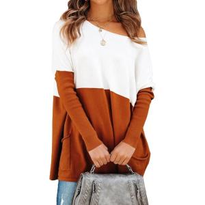 PRETTYGARDEN Women’s Causal Loose Sweater Color Block Knit Pullover Off Shoulder Comfy Jumper Tops