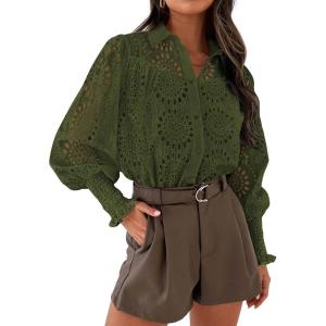 PRETTYGARDEN Women’s Fall Button Down Shirts Dressy Casual Spring Long Puff Sleeve Eyelet Loose Fit Collared Blouse Top(Army Green)