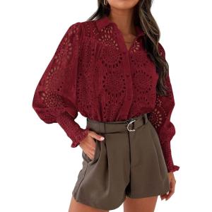 PRETTYGARDEN Women’s Fall Button Down Shirts Dressy Casual Spring Long Puff Sleeve Eyelet Loose Fit Collared Blouse Top(Wine Red)