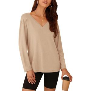 PRETTYGARDEN Womens Fall Fashion 2024 T Shirts Casual Long Sleeve V Neck Tunic Tops Loose Basic Tees (Apricot,Medium)