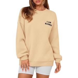 PRETTYGARDEN Women’s Fall Fashion Oversized Sweatshirts Casual Crewneck Long Sleeve Graphic Pullover Tops Shirt(Apricot)