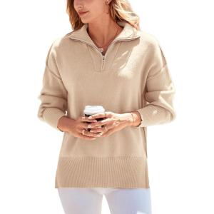PRETTYGARDEN Women’s Fall Oversized Sweaters Long Sleeve Casual 1/4 Zip Up Sweatshirts Pullover Tops Blouse(Apricot)