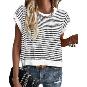 PRETTYGARDEN Womens Short Sleeve Sweater Spring Summer 2026 Round Neck Striped Pullover Cap Sleeve Knit Sweater Vest Tops