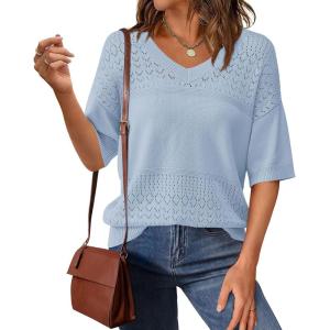 PRETTYGARDEN Women’s Short Sleeve Sweater Tops 2026 Spring Summer Casual V Neck Ribbed Knit Trendy Eyelet Blouse T Shirts(Light Blue)