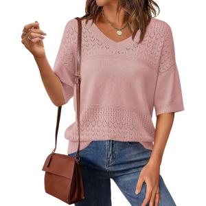 PRETTYGARDEN Women’s Short Sleeve Sweater Tops 2026 Spring Summer Casual V Neck Ribbed Knit Trendy Eyelet Blouse T Shirts(Pink)