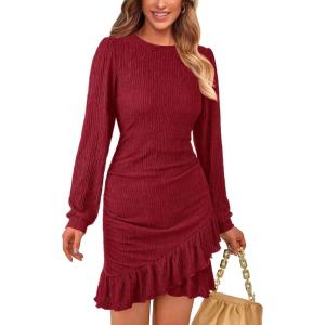 PRETTYGARDEN Women’s Spring Fall Ruched Bodycon Mini Dress Long Puff Sleeve Ruffle Fitted Cocktail Party Dresses(Red)