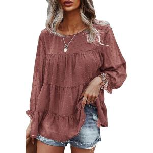 PRETTYGARDEN Women’s Summer Loose Chiffon Blouse Mesh Long Sleeve Casual Round Neck Peplum Tops