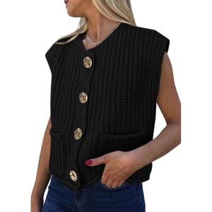 PRETTYGARDEN Women’s Summer Sweaters Vest 2025 Sleeveless Button Down Cropped Pockets Chunky Knit Cardigan Trendy Tank Tops(Black)