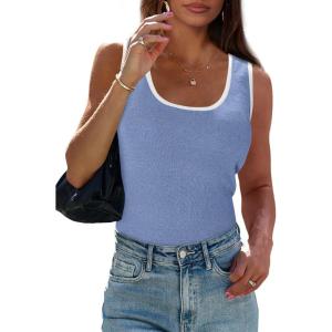 PRETTYGARDEN Women’s Summer Tank Top Ribbed Knit Scoop Neck Sleeveless Color Block Slim Fitted Tops Basic Casual Tee Shirts