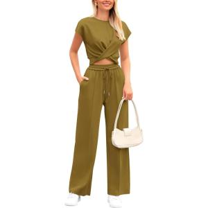 PRETTYGARDEN Women’s Summer Two Piece Outfits Tracksuit Twist Front Crop Tops T Shirts Wide Leg Pants Matching Lounge Sets (Army Green,Medium)