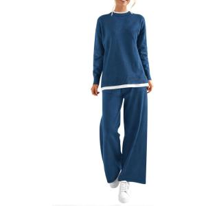 PRETTYGARDEN Women’s Winter Two Piece Matching Sweater Lounge Sets Knit Long Sleeve Pullover Tops Wide Leg Pants Tracksuits (Grey Blue,Medium)