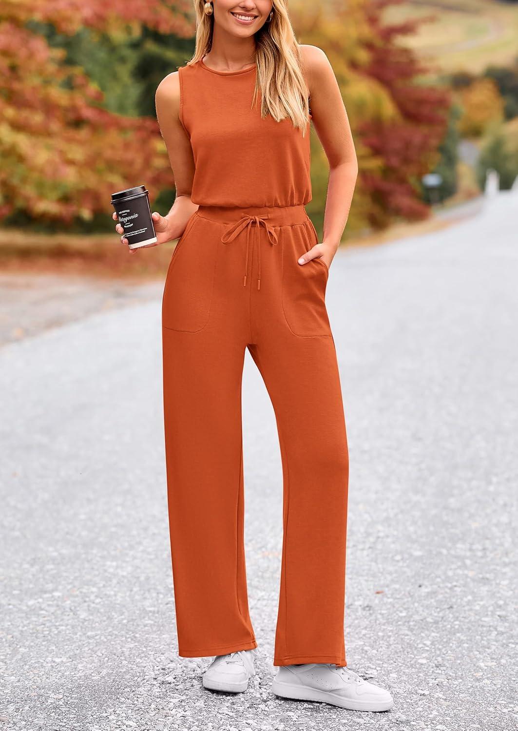 imagePRETTYGARDEN Jumpsuits for Women Casual 2026 Summer Sleeveless Wide Leg Pants Rompers One Piece Beach Vacation Spring OutfitsBrick Red