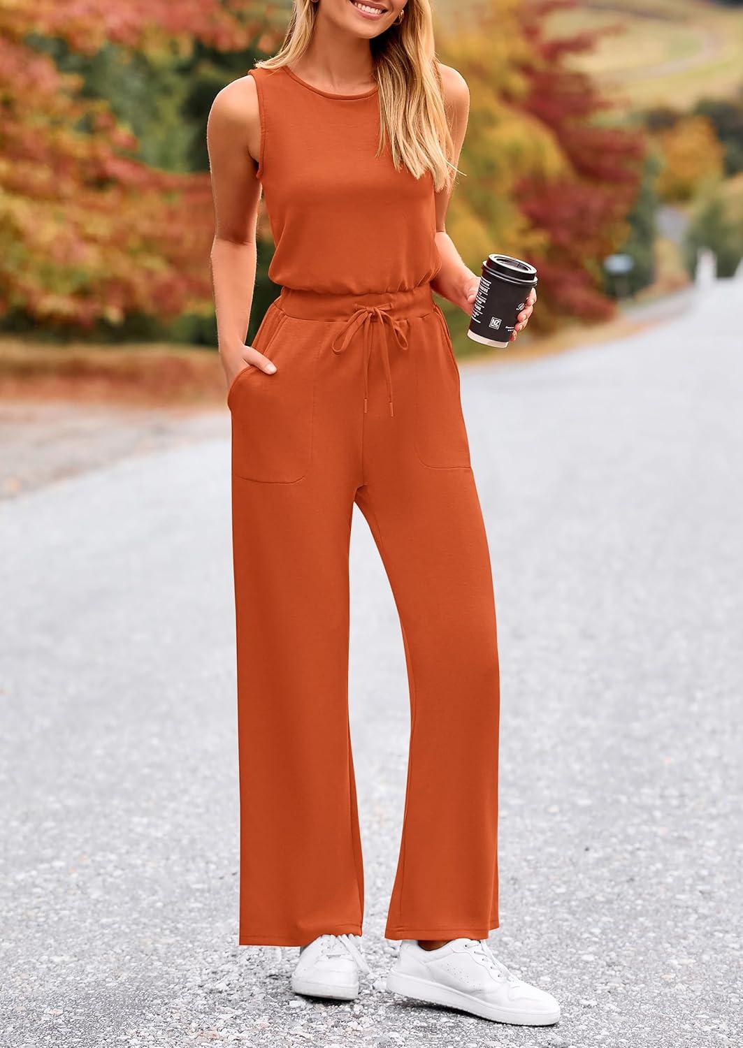 imagePRETTYGARDEN Jumpsuits for Women Casual 2026 Summer Sleeveless Wide Leg Pants Rompers One Piece Beach Vacation Spring OutfitsBrick Red