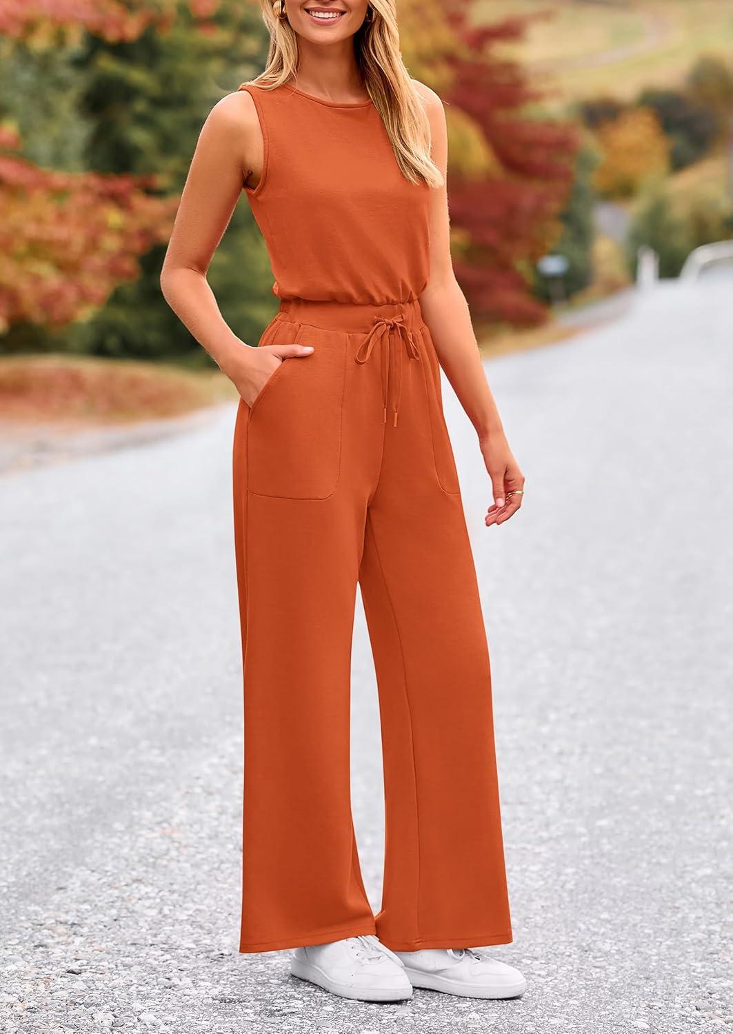 imagePRETTYGARDEN Jumpsuits for Women Casual 2026 Summer Sleeveless Wide Leg Pants Rompers One Piece Beach Vacation Spring OutfitsBrick Red