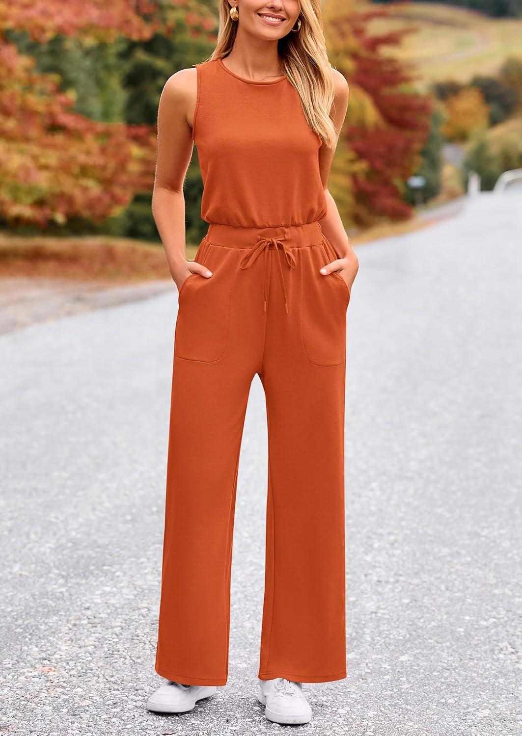 imagePRETTYGARDEN Jumpsuits for Women Casual 2026 Summer Sleeveless Wide Leg Pants Rompers One Piece Beach Vacation Spring OutfitsBrick Red
