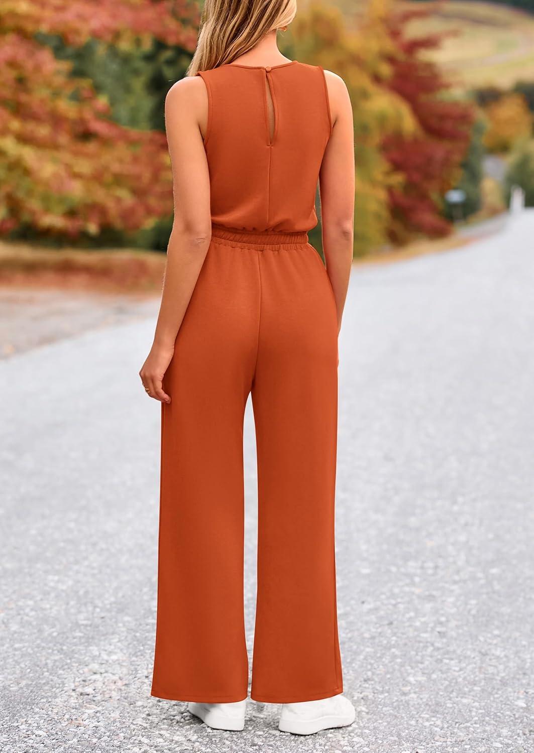 imagePRETTYGARDEN Jumpsuits for Women Casual 2026 Summer Sleeveless Wide Leg Pants Rompers One Piece Beach Vacation Spring OutfitsBrick Red