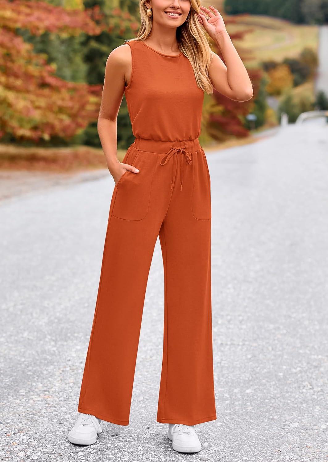imagePRETTYGARDEN Jumpsuits for Women Casual 2026 Summer Sleeveless Wide Leg Pants Rompers One Piece Beach Vacation Spring OutfitsBrick Red