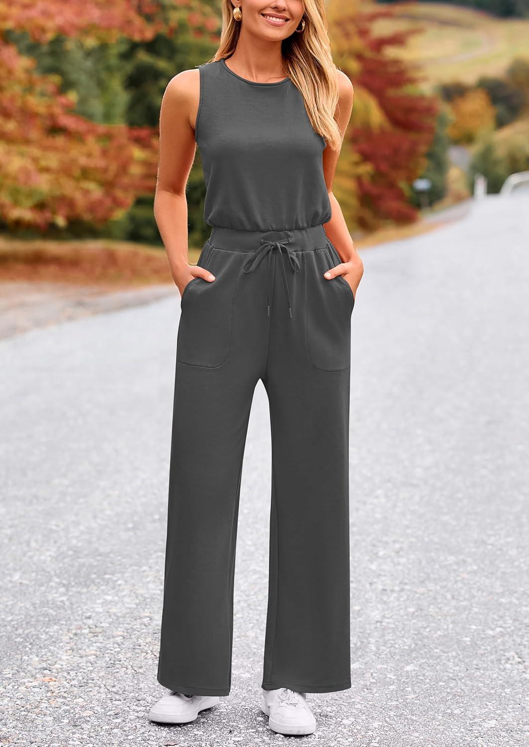imagePRETTYGARDEN Jumpsuits for Women Casual 2026 Summer Sleeveless Wide Leg Pants Rompers One Piece Beach Vacation Spring OutfitsDark Grey