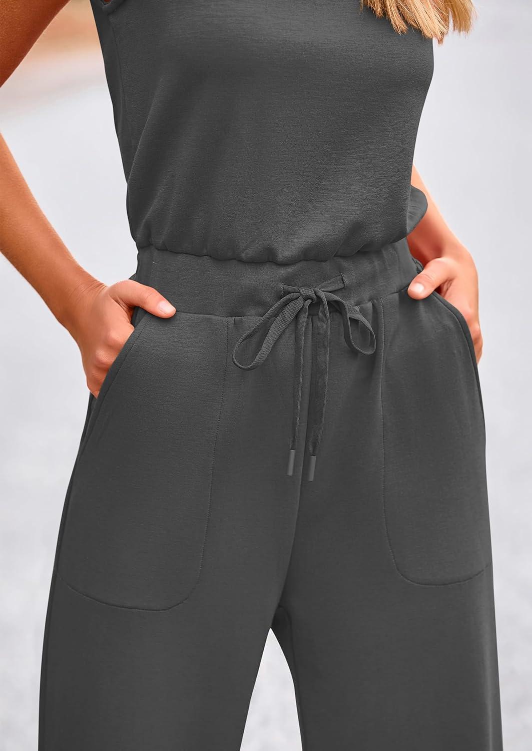 imagePRETTYGARDEN Jumpsuits for Women Casual 2026 Summer Sleeveless Wide Leg Pants Rompers One Piece Beach Vacation Spring OutfitsDark Grey
