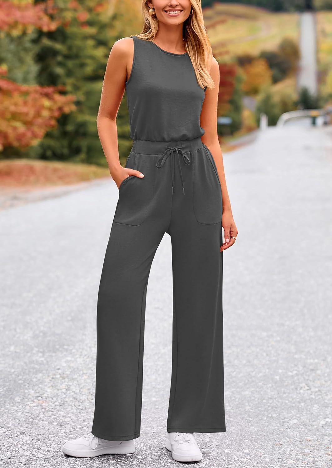 imagePRETTYGARDEN Jumpsuits for Women Casual 2026 Summer Sleeveless Wide Leg Pants Rompers One Piece Beach Vacation Spring OutfitsDark Grey