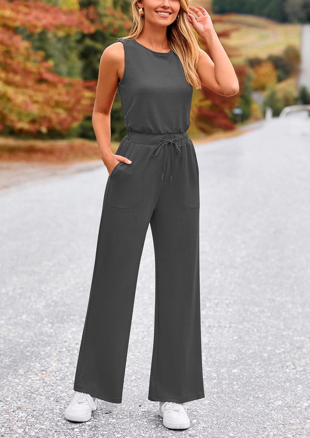 imagePRETTYGARDEN Jumpsuits for Women Casual 2026 Summer Sleeveless Wide Leg Pants Rompers One Piece Beach Vacation Spring OutfitsDark Grey